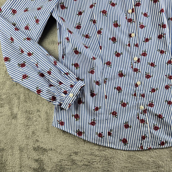 Brooks Brothers Shirt Womens 10 White Blue Striped Roses Long Sleeve Career Work - Picture 9 of 11